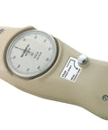 Peak Hold Analog Mechanical Force Gauge For Pull Or Push, 100 Lbs Range, 0.5 Lbs Graduation, Reads Present Or Peak Force, Built To Take Tough Pulls, Accuracy Within Two Tenths Of A Percent Of Full Scale, Overload Capacity 165 Lbs, beige die-cast aluminum body with hook and push tip