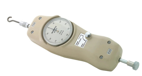 Peak Hold Analog Mechanical Force Gauge For Pull Or Push, 100 Lbs Range, 0.5 Lbs Graduation, Reads Present Or Peak Force, Built To Take Tough Pulls, Accuracy Within Two Tenths Of A Percent Of Full Scale, Overload Capacity 165 Lbs, beige die-cast aluminum body with hook and push tip