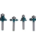 Top Grade 20 Piece Carbide Router Bit Set With Strong Tongue Groove For Smooth Woodworking Cuts 1/2 Inch Shank shown with four router bits.
