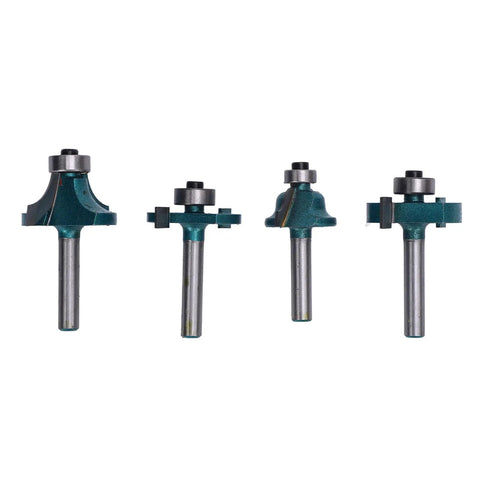 Top Grade 20 Piece Carbide Router Bit Set With Strong Tongue Groove For Smooth Woodworking Cuts 1/2 Inch Shank shown with four router bits.