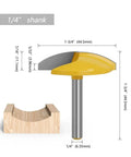 Solid Small Bowl Router Bit For Wood Carving Projects With Sharp Carbide Cutter And Smooth Curved Flat Bottom Profile Available In 1/4 Inch 6mm 8mm 12mm And 1/2 Inch Shank Sizes To Create Custom Dimensions Effortlessly, showing 1/4 inch shank size and dimensions.
