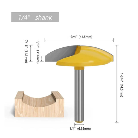 Solid Small Bowl Router Bit For Wood Carving Projects With Sharp Carbide Cutter And Smooth Curved Flat Bottom Profile Available In 1/4 Inch 6mm 8mm 12mm And 1/2 Inch Shank Sizes To Create Custom Dimensions Effortlessly, showing 1/4 inch shank size and dimensions.