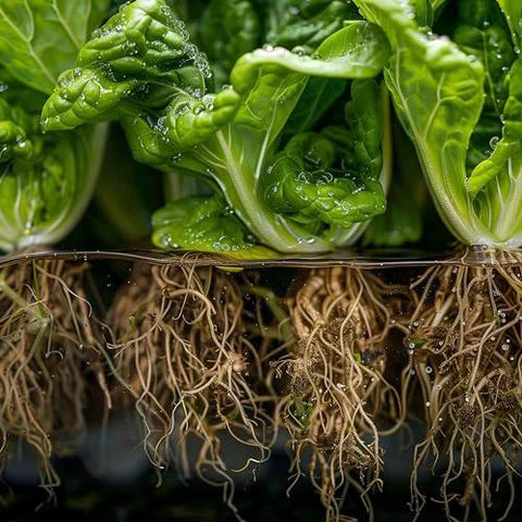 Fresh green lettuce plants with exposed roots and water droplets, close-up.