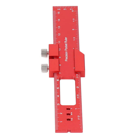 Red 6 Inch Woodworking Ruler with Adjustable Sliding Stop, Aluminum Alloy Pocket Ruler with Engraved Scales for Marking