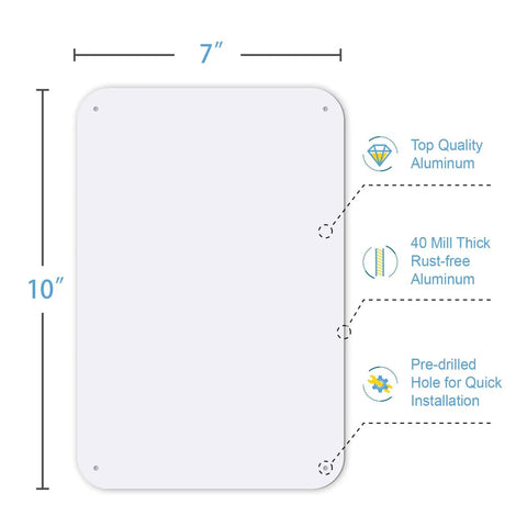 Two Pack Of Crisp White Blank Metal Signs Built Tough With Rust Free Aluminum Easy Wall Mounts For Indoor Or Outdoor Display Perfect For Diy Crafting And Personalized Projects 10 By 7 Inches, showing dimensions and pre-drilled holes.