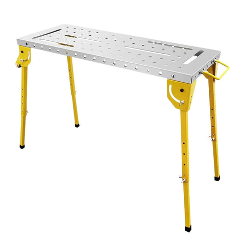Built Tough Folding Welding Table 44 By 21 Inches Heavy Duty Steel Workbench with yellow legs and perforated surface.