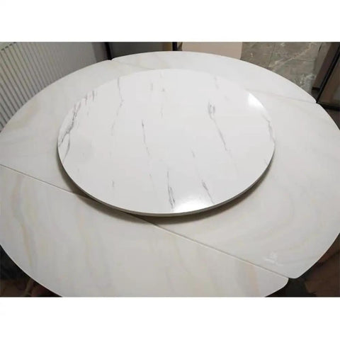 Premium Wood Lazy Susan Turntable For Dining Tables Featuring Silent 360 Degree Rotation Smooth Rolling Serving Tray on circular white table.