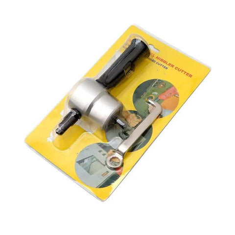 360 Degree Nibble Metal Cutting Double Head Nibbler Saw Drill Attachment packaged on yellow background