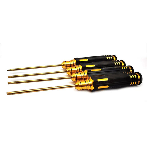 Hex Driver Set Four Piece Steel Allen Keys Kit For RC Gear with titanium nitride coating and lightweight alloy handles.