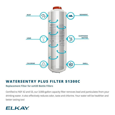 Watersentry Plus Filter for EZH2O Bottle Filling Station removes contaminants like lead and chlorine, certified NSF 42/53.