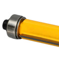 Close-up of Premium 4 Piece Flush Trim Router Bit Set With 1/2 Inch Carbide Cutting Edge, highlighting the yellow 1/4 inch shank.