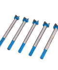 Heavy Duty Forstner Drill Bit Set Cuts Clean Wood Holes Like A Boss With Durable Alloy Steel Bore Bits For Cordless Drills and woodworking crews. Five pieces with blue shanks.