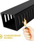 Open Slot Cable Management Kit with flame-retardant material shown with lighter flame highlighting safety features
