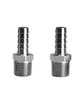 Front view of two Beduan Stainless Steel Three Eighths Hose Barb To Three Eighths Npt Male Home Brew Fittings Pack Of 2 For Water Fuel And Air 304.