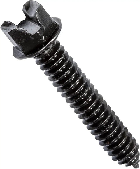 Alt Tag: Close-up of a single black coated traction screw, part of Traction Screws 1 Inch No 10 Black Coated 1000 Per Pack Heavy Duty Self Tapping Fasteners For Wood Metal Outdoor Indoor Projects Ideal For Decking Framing Cabinets And General Hardware Needs
