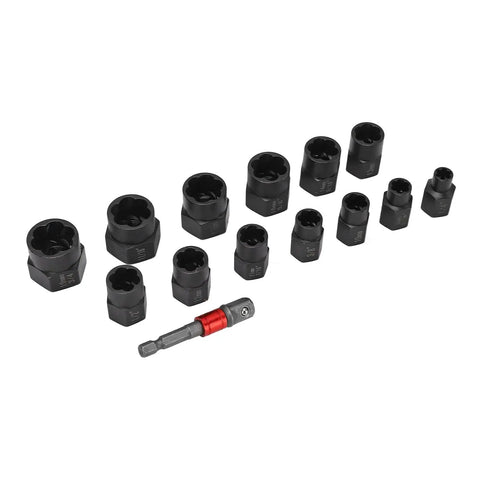 14Pcs Nut Remover Extractor Kit For Damaged Bolts And Rusty Nuts 3/8in Hex Socket Set arranged in a row with socket detail