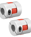Two silver uxcell shaft couplings with orange clamp inserts, 12.7mm to 12.7mm bore.