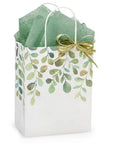 Watercolor Greenery Kraft Gift Paper Bag C Size 8 1/4 X 4 3/4 X 10 1/2 Inches Pack Of 100 Totally Eco Friendly Recycled Paper Gift Bags For Party And Gift Wrapping, shown with green tissue paper.
