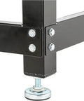 Solid Black Router Table With Precision Height Lift Slick Woodworking Station corner of frame with leveling foot and sturdy bolts.