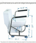 Heavy Duty Toilet Safety Rails With Adjustable Support Leg For Seniors, shown on toilet with dimensions and angles.