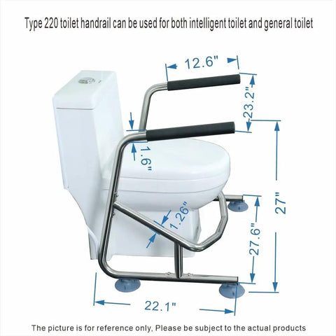 Heavy Duty Toilet Safety Rails With Adjustable Support Leg For Seniors, shown on toilet with dimensions and angles.
