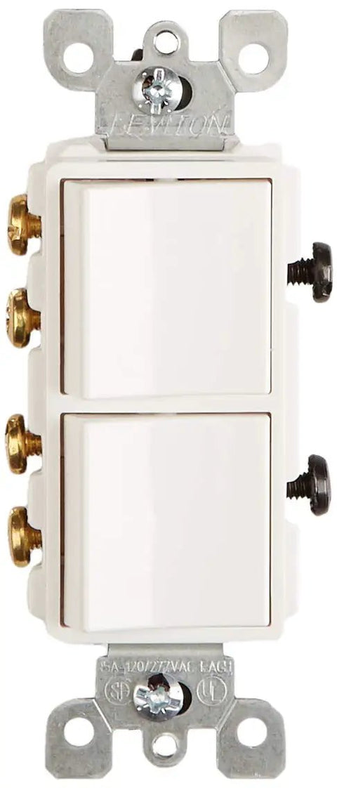 Decora Style 3-Way AC Combination Switch, 15 Amp, 120/277 Volt, Grounding, Commercial Grade, White, front view