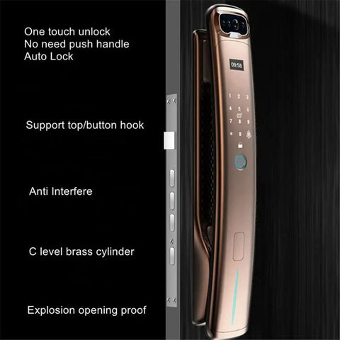 Close-up of No Sweat Keyless Entry Rig Featuring 3D Biometric Scanner Smart IC Card Access Auto Lock with button controls.