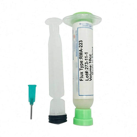 Pro Grade Syringe Solder Paste Flux Kit With RMA-223 10cc showing syringe, needle, and tube for PCB BGA soldering.