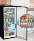 Sleek Upright Freezer With Convertible Refrigerator Setup Seven Point One Cubic Foot Stainless Steel Build showcasing removable glass shelves full of food and drinks.