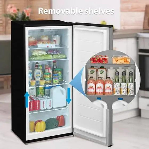 Sleek Upright Freezer With Convertible Refrigerator Setup Seven Point One Cubic Foot Stainless Steel Build showcasing removable glass shelves full of food and drinks.