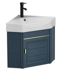 Modern Bathroom Vessel Sink Corner Mounted, 15" Bathroom Vanities Cabinet Sink Combo, Small Vanity Sink Lavatory Wash Hand Basin with Cold and Hot Water Pipe Faucet for Small Space (47cm/18.5in) in navy blue.