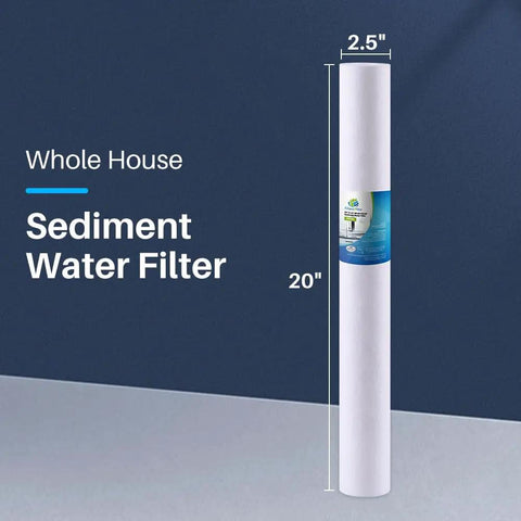 4 Pack 20 Inch By 2.5 Inch Spun Sediment Water Filter Cartridges 5 Micron Replacement against dark background