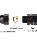 8AN Female Flare To Half Inch Hardline Compression Fitting Adapter Straight Aluminum Black Pack Of 2 With Brass Ferrule