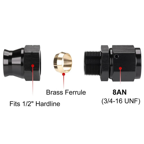 8AN Female Flare To Half Inch Hardline Compression Fitting Adapter Straight Aluminum Black Pack Of 2 With Brass Ferrule