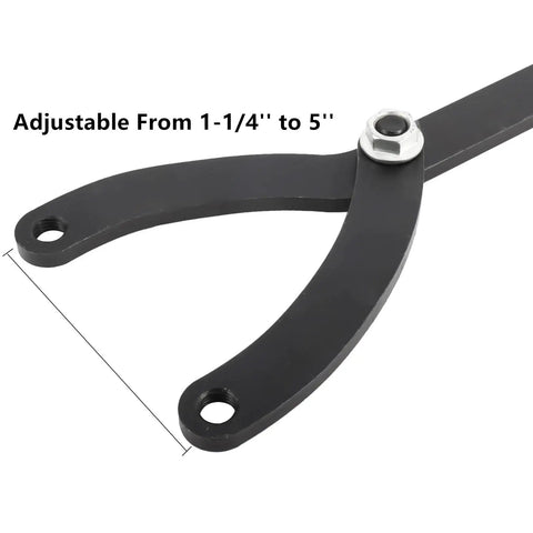 Adjustable Pin Spanner Wrench For Pulleys And Crankshafts with 1/4 to 5 inch range shown with black arms and bolt