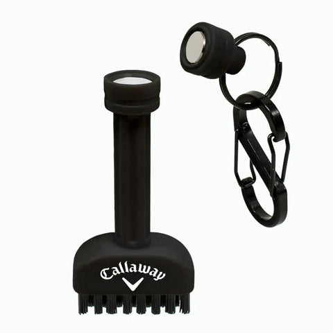 Mini-Mag Magnetic Club Brush for Golf, Compact Groove Cleaner With Detachable Magnet, Durable Nylon Bristles, shown with quick release handle.
