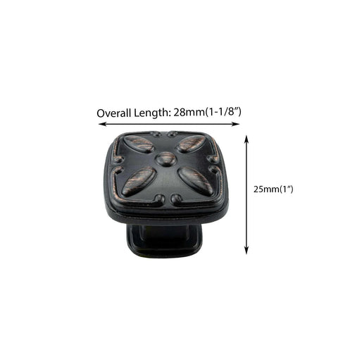 Image showing Solid Zinc Alloy Cabinet Pull Knob One And One Eighth Inch Oil Rubbed Bronze with decorative detailing and measurements.
