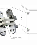Diagram and product image of Hidden Cross Hinges For Doors 4 Pack 180 Degree Opening Stainless Steel Satin Finish Invisible Gate Hinges.