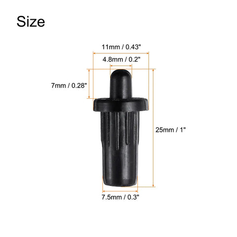 No Sweat Cabinet Door Repair Pins 36 Pc Plastic Damper Pivot Rods With Spring Loaded Axis For Kitchen Furniture Quick Fixes Black, size dimensions of pins shown.