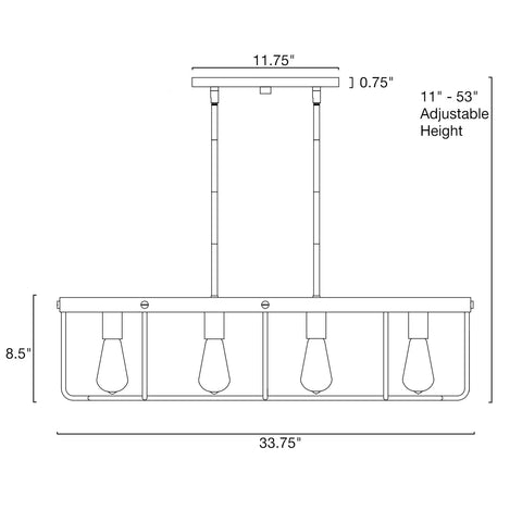 Diagram of 34 Inch Four Light Modern Farmhouse Kitchen Island Light With Linear Oval Metal Frame In Bleached Oak And Galvanized Steel Finish
