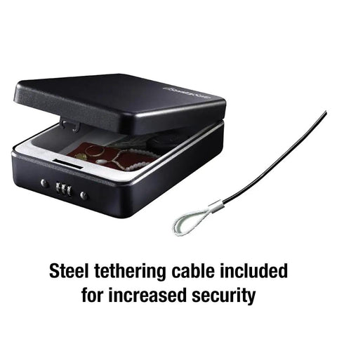 Portable Black Safe Lock Box With Resettable 3 Digit Combination open with tethering cable for security