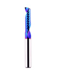 Blue titanium-coated single-flute spiral end mill with 1/4-inch shank.