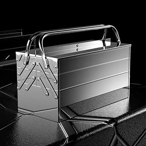 Built Like A Tank Knock Around Durable Foldable Stainless Steel Toolbox Set With Three Layer Compartments For Rugged Car Garage And Home Gear Organization Storage, sleek stainless steel design.