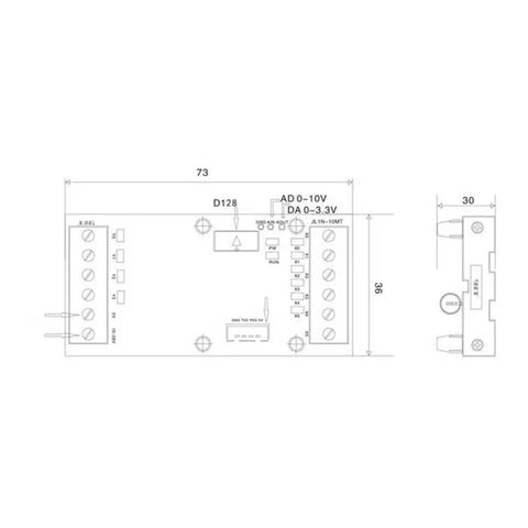 Plug And Play PLC Transistor Output Module With Six In And Four Out FX1N10MT Style Industrial Control Board DC 10 To 28 Volt Power Supply Includes Program Cable For Quick Setup And Reliable Automation dimension drawing, 73x36mm