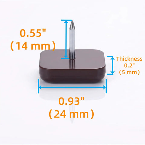 PTFE Chair Leg Sliders For Carpet Surface 1 Inch Square Nail On Glides Brown 40 Pack detailed dimensions shown