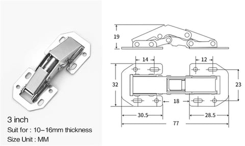 3-inch 90-degree hinge with diagram for 4 Pack 90 Degree Soft Close Cabinet Hinges No Pre Drill Noiseless Hidden Concealed Hardware