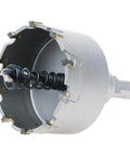 2-inch metal hole saw with carbide-tipped teeth; silver steel body for thick metal and wood