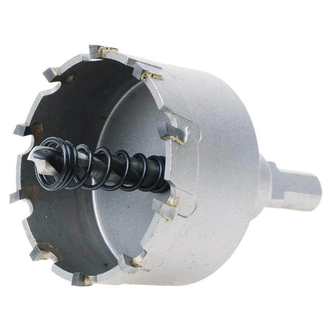2-inch metal hole saw with carbide-tipped teeth; silver steel body for thick metal and wood