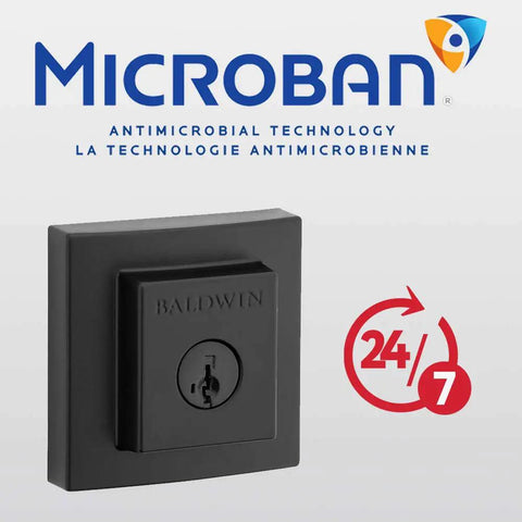 Front Door Deadbolt With SmartKey Rekey Technology And Microban Protection In Matte Black, shown with Microban logo
