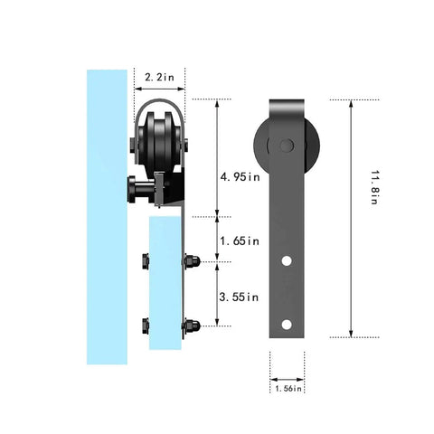 Diagram of 8ft Sliding Barn Door Hardware Kit with J Shape Hangers showing dimensions; Antique Style, Upgraded Carbon Steel Track.